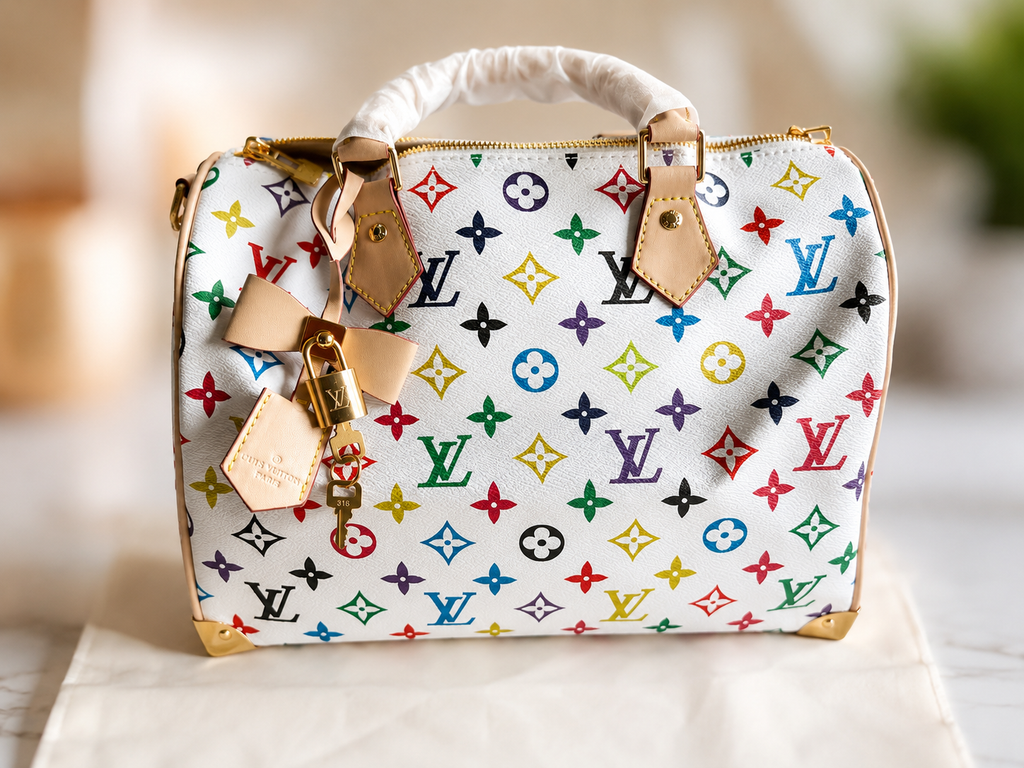 white luxury-style handbag with a colorful monogram pattern,